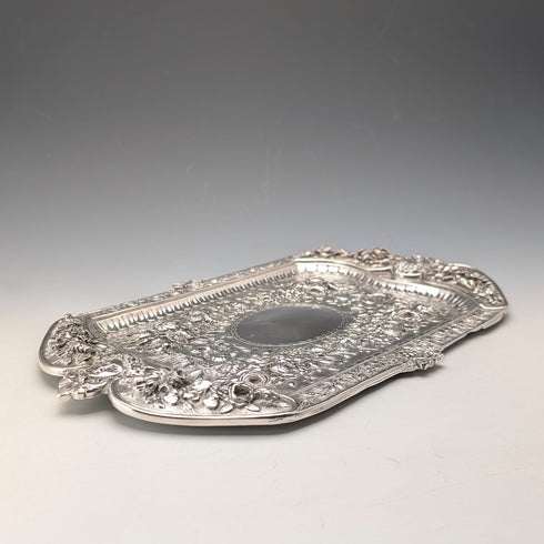 維多利亞中期英國古董銀盤浮雕方形梳妝台托盤