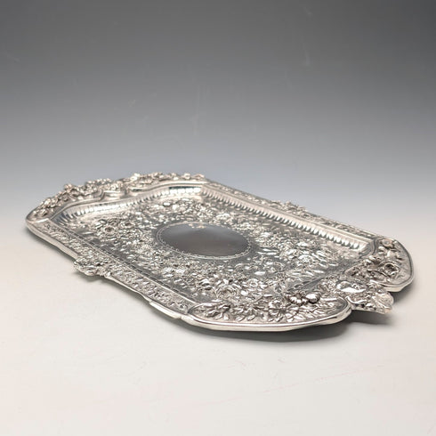 維多利亞中期英國古董銀盤浮雕方形梳妝台托盤