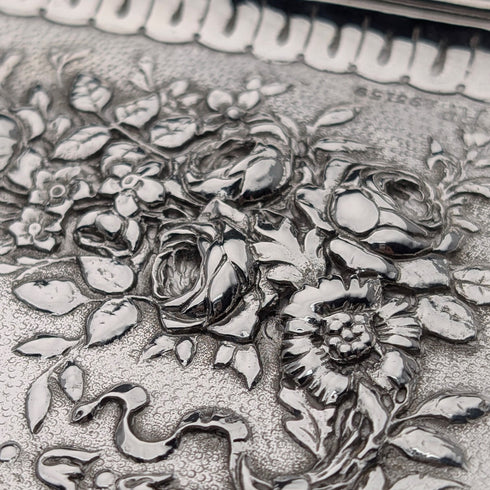 維多利亞中期英國古董銀盤浮雕方形梳妝台托盤