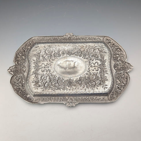 維多利亞中期英國古董銀盤浮雕方形梳妝台托盤