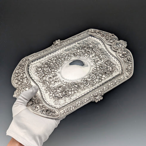 維多利亞中期英國古董銀盤浮雕方形梳妝台托盤