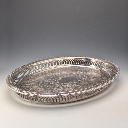 復古英國銀盤橢圓形畫廊托盤,寬 40 厘米