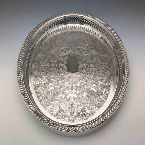 復古英國銀盤橢圓形畫廊托盤,寬 40 厘米