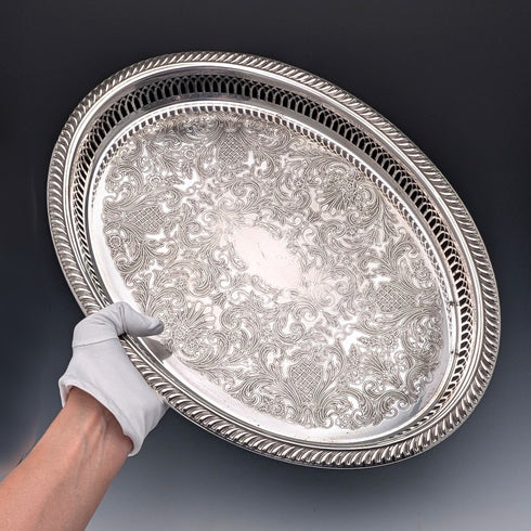 復古英國銀盤橢圓形畫廊托盤,寬 40 厘米