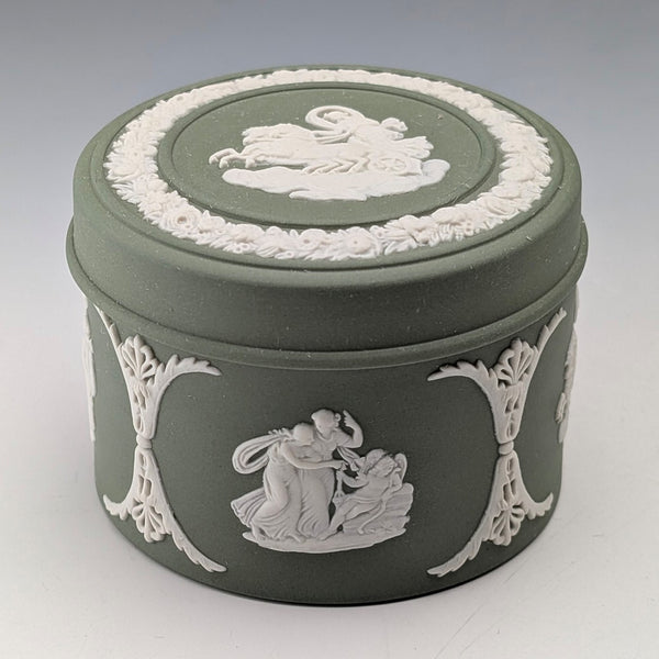 British Vintage Wedgwood Jasperware Cylinder Box, Small Item Holder, Green