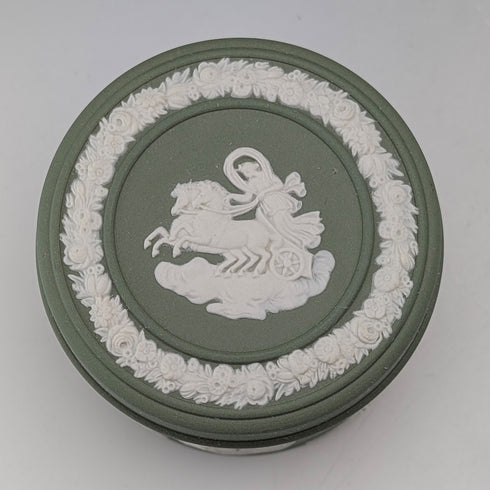 British Vintage Wedgwood Jasperware Cylinder Box, Small Item Holder, Green