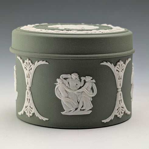 British Vintage Wedgwood Jasperware Cylinder Box, Small Item Holder, Green