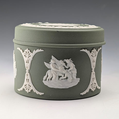 British Vintage Wedgwood Jasperware Cylinder Box, Small Item Holder, Green