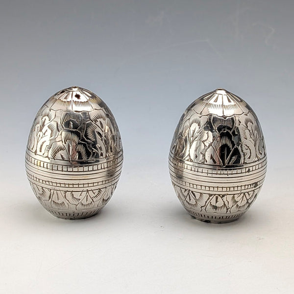 Vintage silver plate egg-shaped spice rack pair
