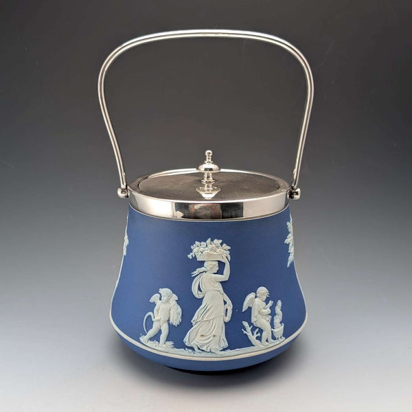 Antique British Wedgwood Biscuit Barrel Jasperware Royal Blue