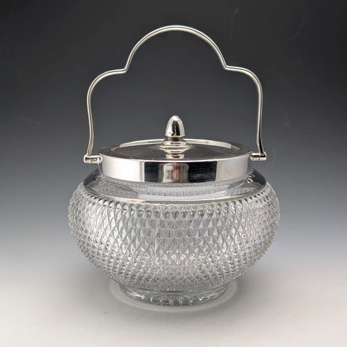 復古英國釘紋玻璃罐,附手柄和鍍銀蓋