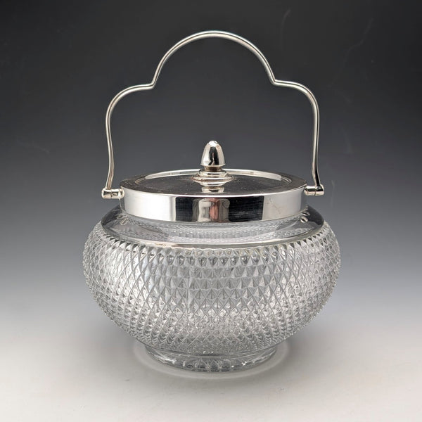 Vintage British hobnail cut glass jar with handle and silver plate lid
