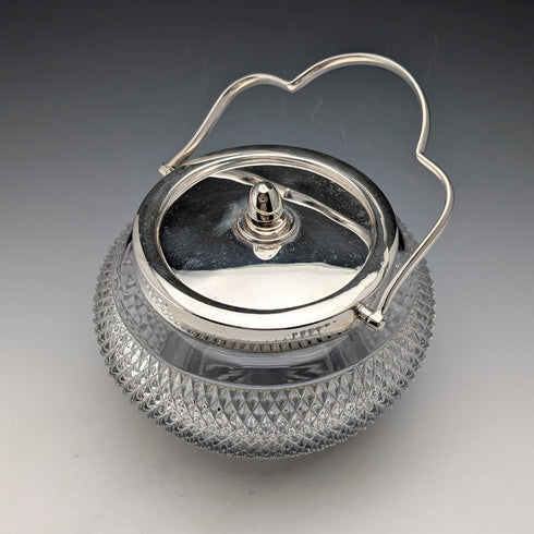 復古英國釘紋玻璃罐,附手柄和鍍銀蓋