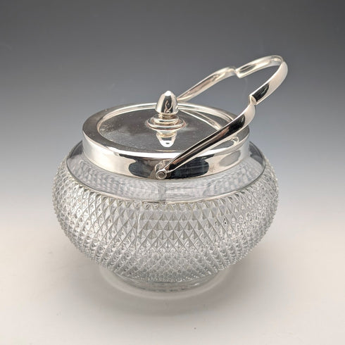 復古英國釘紋玻璃罐,附手柄和鍍銀蓋