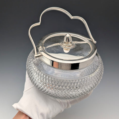 復古英國釘紋玻璃罐,附手柄和鍍銀蓋