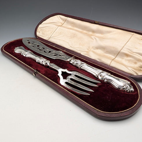 Circa 1852 British antique sterling silver handle fish server pair in case by John Gilbert