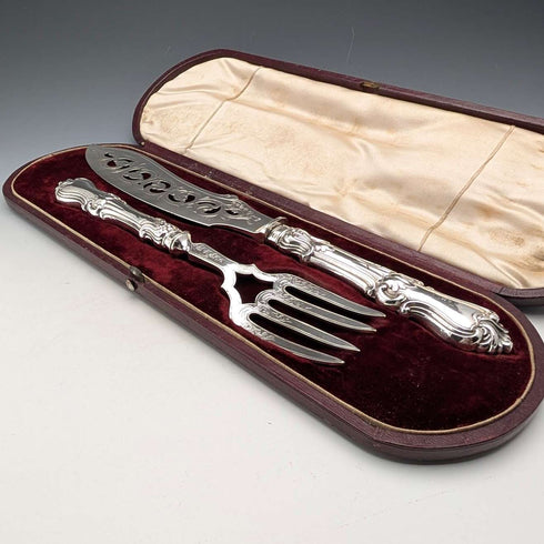Circa 1852 British antique sterling silver handle fish server pair in case by John Gilbert