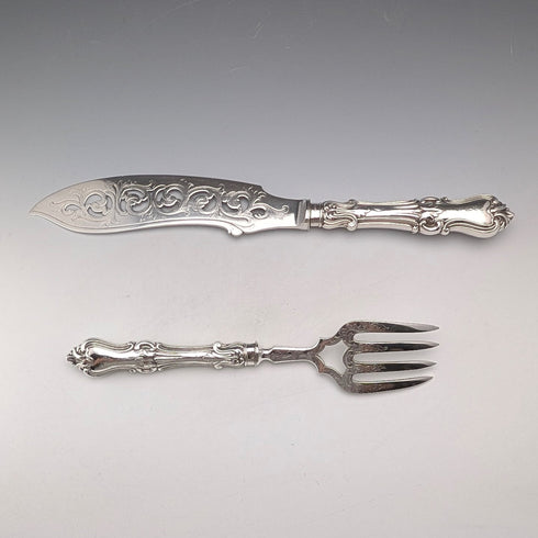 Circa 1852 British antique sterling silver handle fish server pair in case by John Gilbert