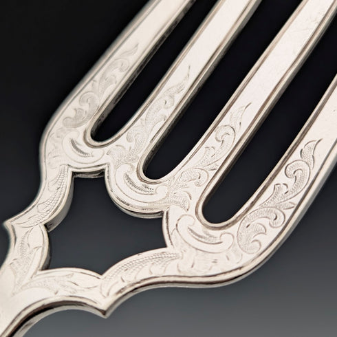 Circa 1852 British antique sterling silver handle fish server pair in case by John Gilbert