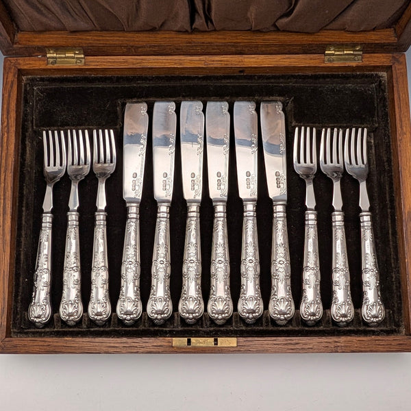 1923 British antique all-sterling silver fish cutlery set, 6 pairs, 653g, in wooden box, Alexander Clarke