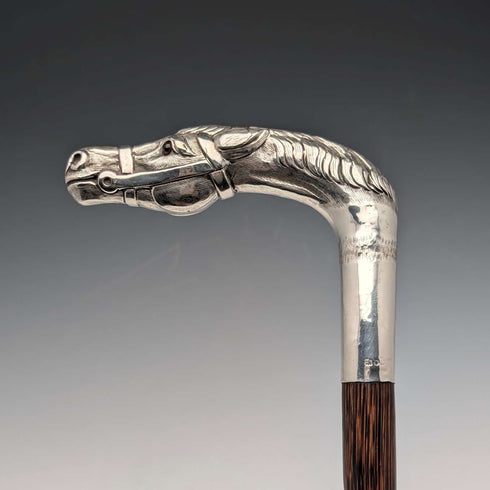 Antique British brown shaft sterling silver horsehead handle walking stick 92cm Emma Blumenstein