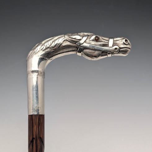 古董英國棕色軸純銀馬頭柄手杖 92 公分 Emma Blumenstein