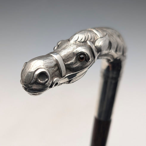 古董英國棕色軸純銀馬頭柄手杖 92 公分 Emma Blumenstein