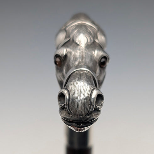 古董英國棕色軸純銀馬頭柄手杖 92 公分 Emma Blumenstein