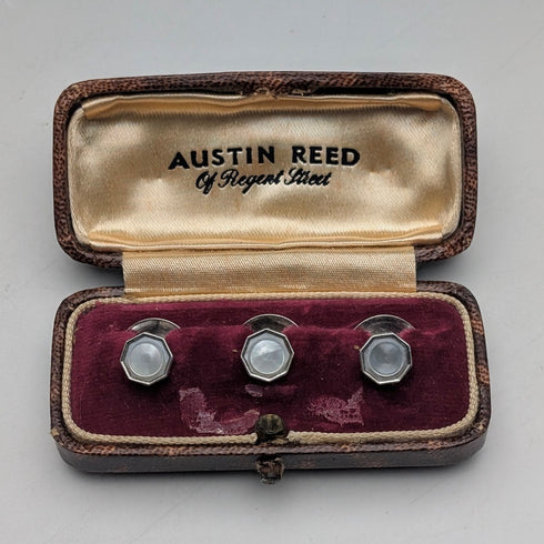 英国ヴィンテージ 純銀&白蝶貝 シャツスタッズボタン 3個セット AUSTIN REED ケース入