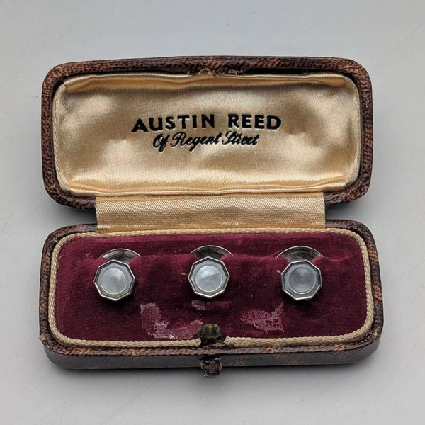 英国ヴィンテージ 純銀&白蝶貝 シャツスタッズボタン 3個セット AUSTIN REED ケース入