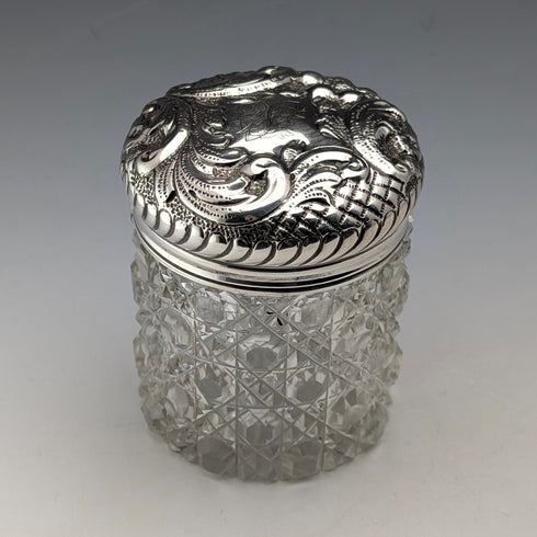 1904 British antique pure silver lid cylindrical cut glass jar The Alexander Clark
