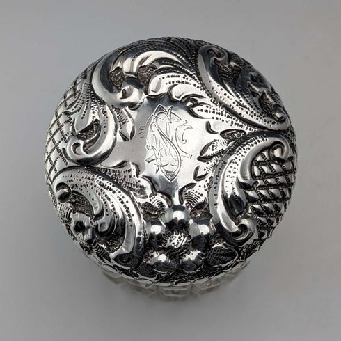 1904年 英国アンティーク 純銀蓋 筒型カットガラスジャー The Alexander Clark