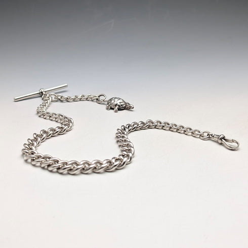 約 1900 年英國古董純銀超厚阿爾伯特鏈 71 克烏龜吊飾錶鍊