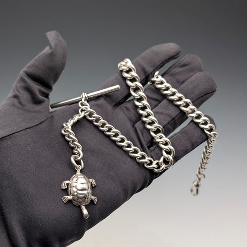 約 1900 年英國古董純銀超厚阿爾伯特鏈 71 克烏龜吊飾錶鍊