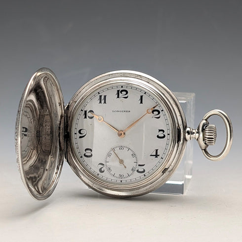 Circa 1926 Antique Longines Pocket Watch, Silver Hunter Case, Arabic Indexes, Good Working Condition