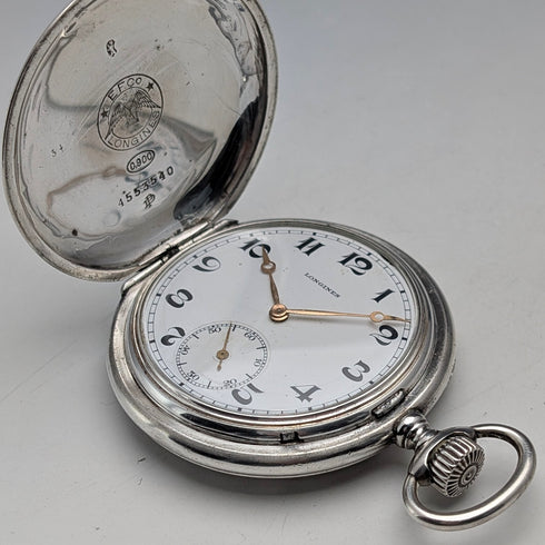 Circa 1926 Antique Longines Pocket Watch, Silver Hunter Case, Arabic Indexes, Good Working Condition