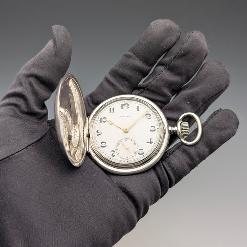 Circa 1926 Antique Longines Pocket Watch, Silver Hunter Case, Arabic Indexes, Good Working Condition