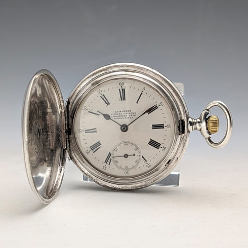 Circa 1911 Antique Longines Pocket Watch Silver Side Hunter Case Roman Index Good Working Condition