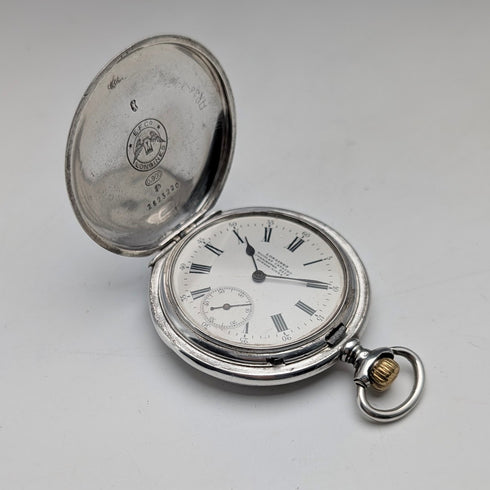 Circa 1911 Antique Longines Pocket Watch Silver Side Hunter Case Roman Index Good Working Condition