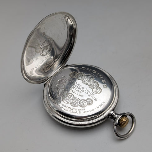 Circa 1911 Antique Longines Pocket Watch Silver Side Hunter Case Roman Index Good Working Condition