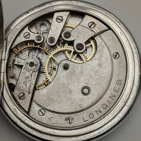 Circa 1911 Antique Longines Pocket Watch Silver Side Hunter Case Roman Index Good Working Condition