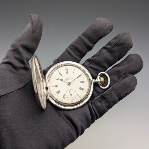 Circa 1911 Antique Longines Pocket Watch Silver Side Hunter Case Roman Index Good Working Condition