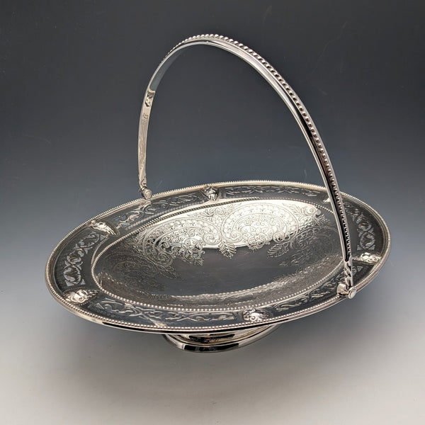 1870 British Antique Silver Plate Movable Handle Basket Thomas Bradbury & Sons