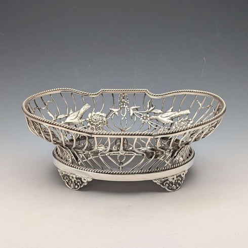 1907年英國古董花鳥裝飾純銀碗碟378克William Comyns