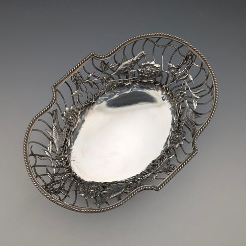 1907年英國古董花鳥裝飾純銀碗碟378克William Comyns