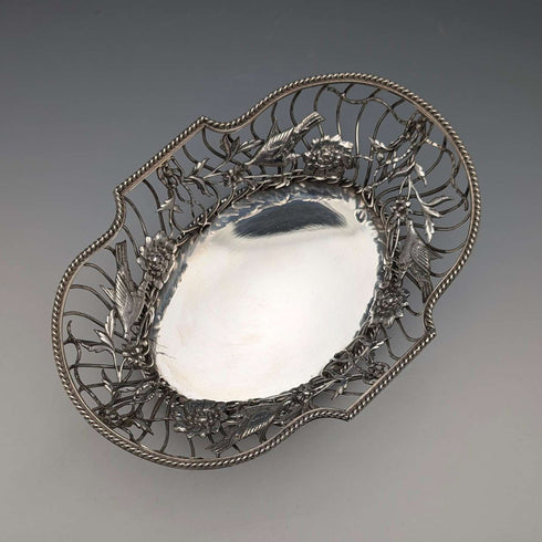 1907年英國古董花鳥裝飾純銀碗碟378克William Comyns