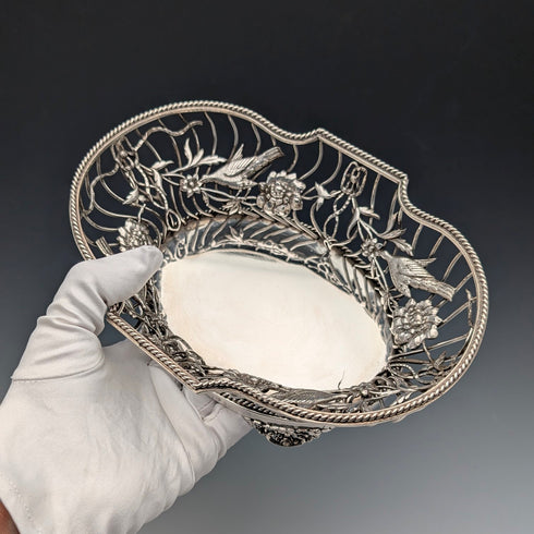 1907年英國古董花鳥裝飾純銀碗碟378克William Comyns