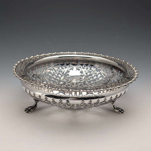 1911 年英國古董穿孔耳環純銀帶腳水果碗 436 克 Goldsmiths&Silversmiths
