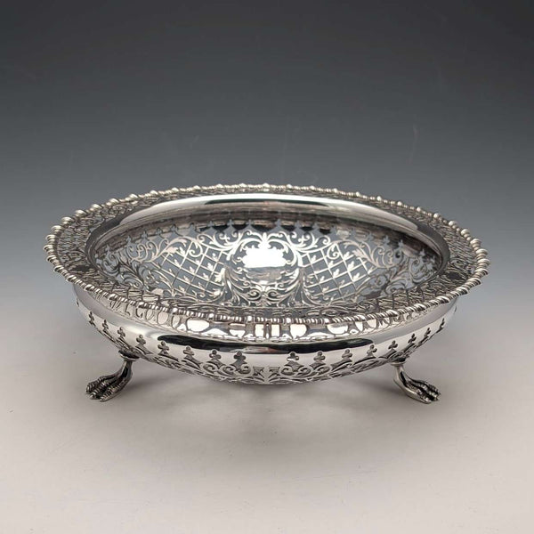 1911 年英國古董穿孔耳環純銀帶腳水果碗 436 克 Goldsmiths&Silversmiths