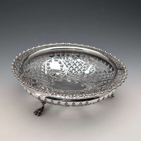 1911 年英國古董穿孔耳環純銀帶腳水果碗 436 克 Goldsmiths&Silversmiths